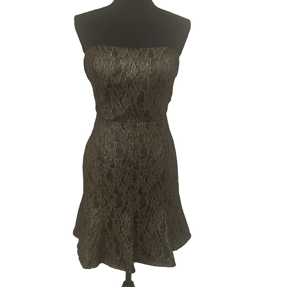 AIDAN MATTOX Womens Sz 6 Black/Gold Lace Metallic Strapless Dress Party Cocktail